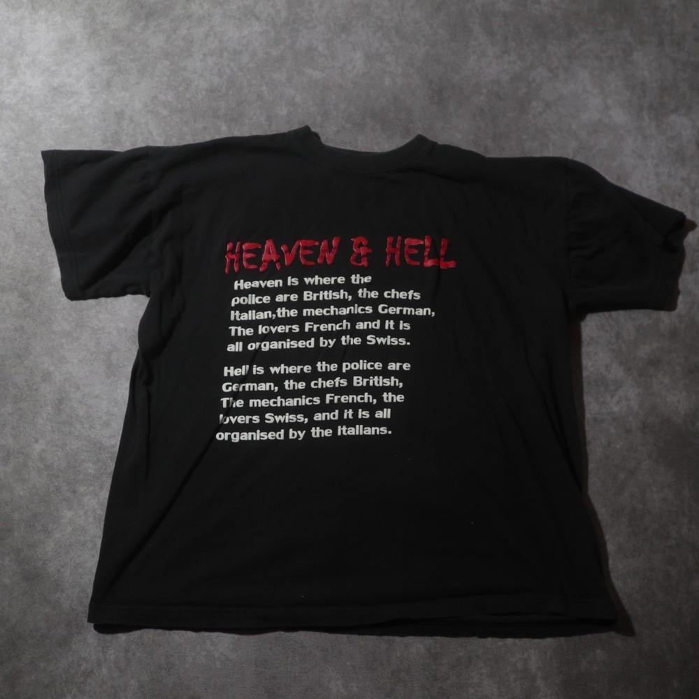 Vintage Heaven & Hell Joke Graphic T-Shirt Black Cotton Short Sleeve Medium